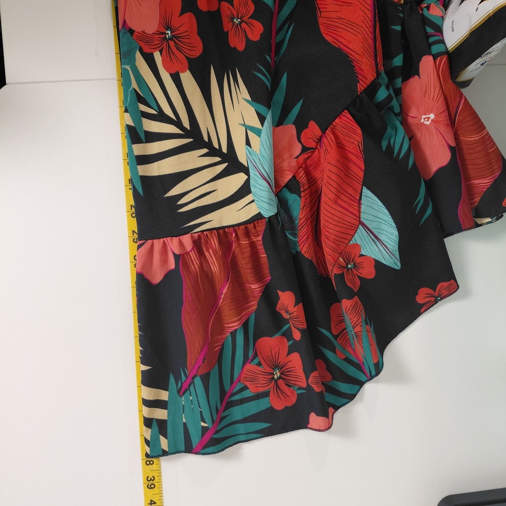 Tropical Floral V-Neck Ruffle Mini Dress Flutter Sleeve Tie Back High Waist ?Lg? - Picture 13 of 14